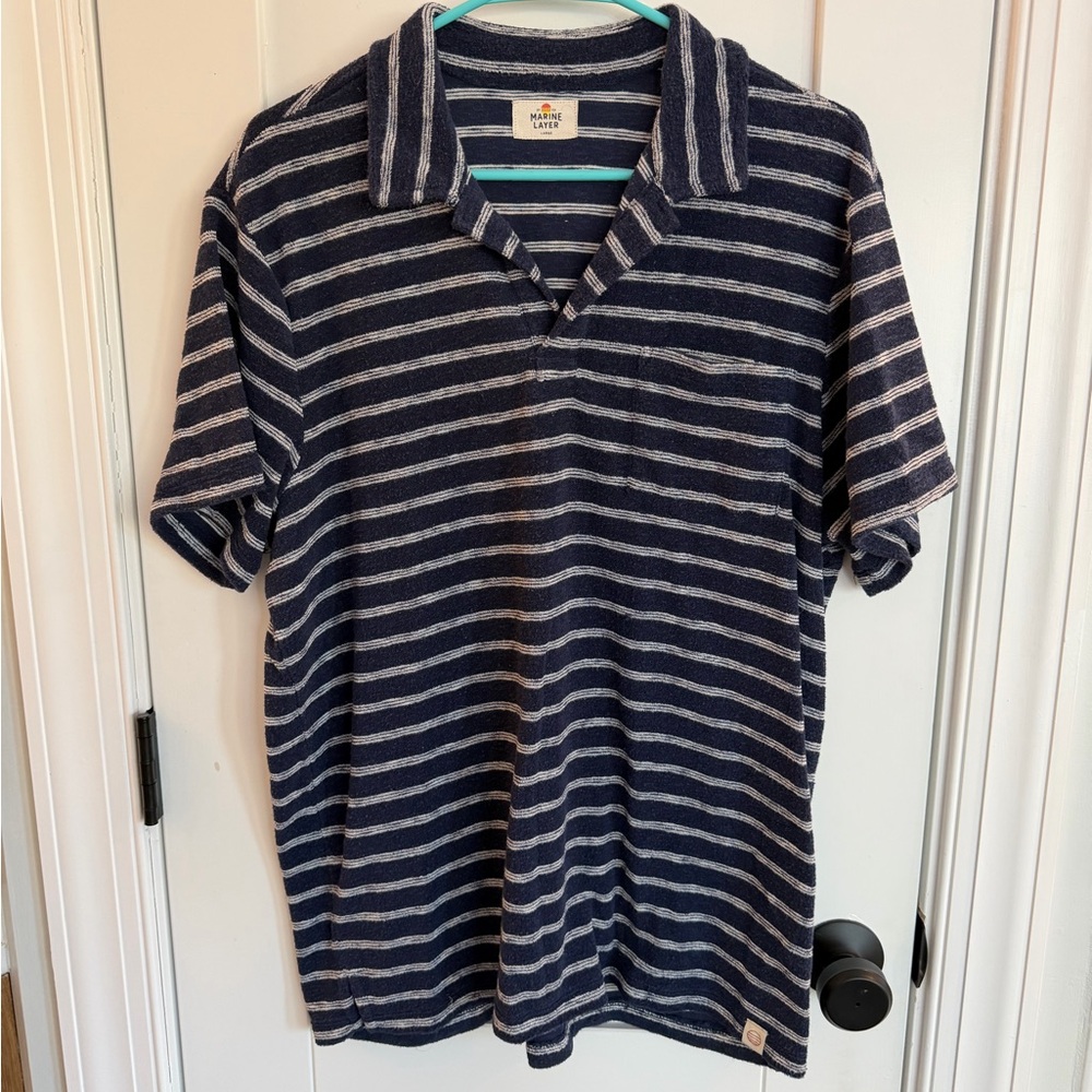 Marine Layer Terry Navy and White Striped Polo Shirt